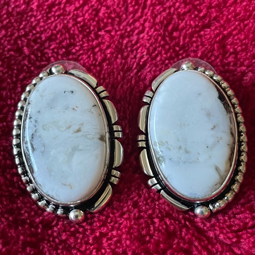 Navajo White Buffalo And Sterling Silver Post Earrings